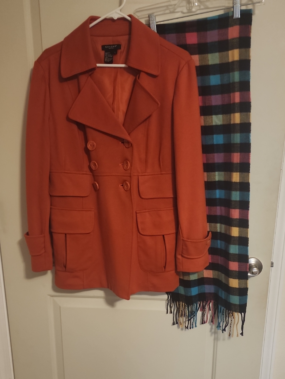 Sandro Double-Breasted Rust Orange Peacoat With 100% Cashmere Scarf